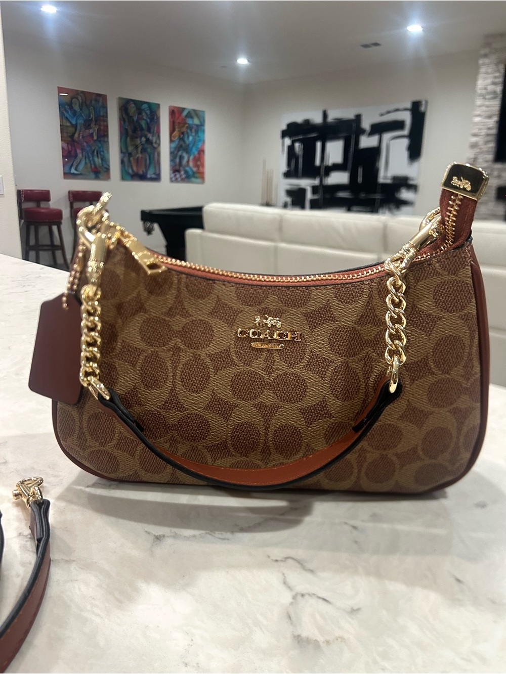 Coach Brown Signature Mini Shoulder Bag with Gold Chain